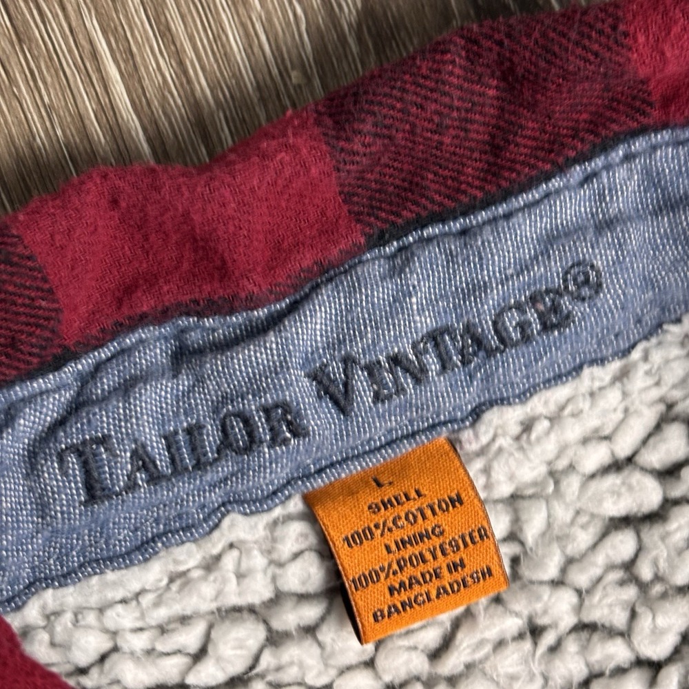 TAILOR VINTAGE Men's L Red Black Plaid Flannel Shirt Jacket Sherpa Lining - Picture 3 of 10